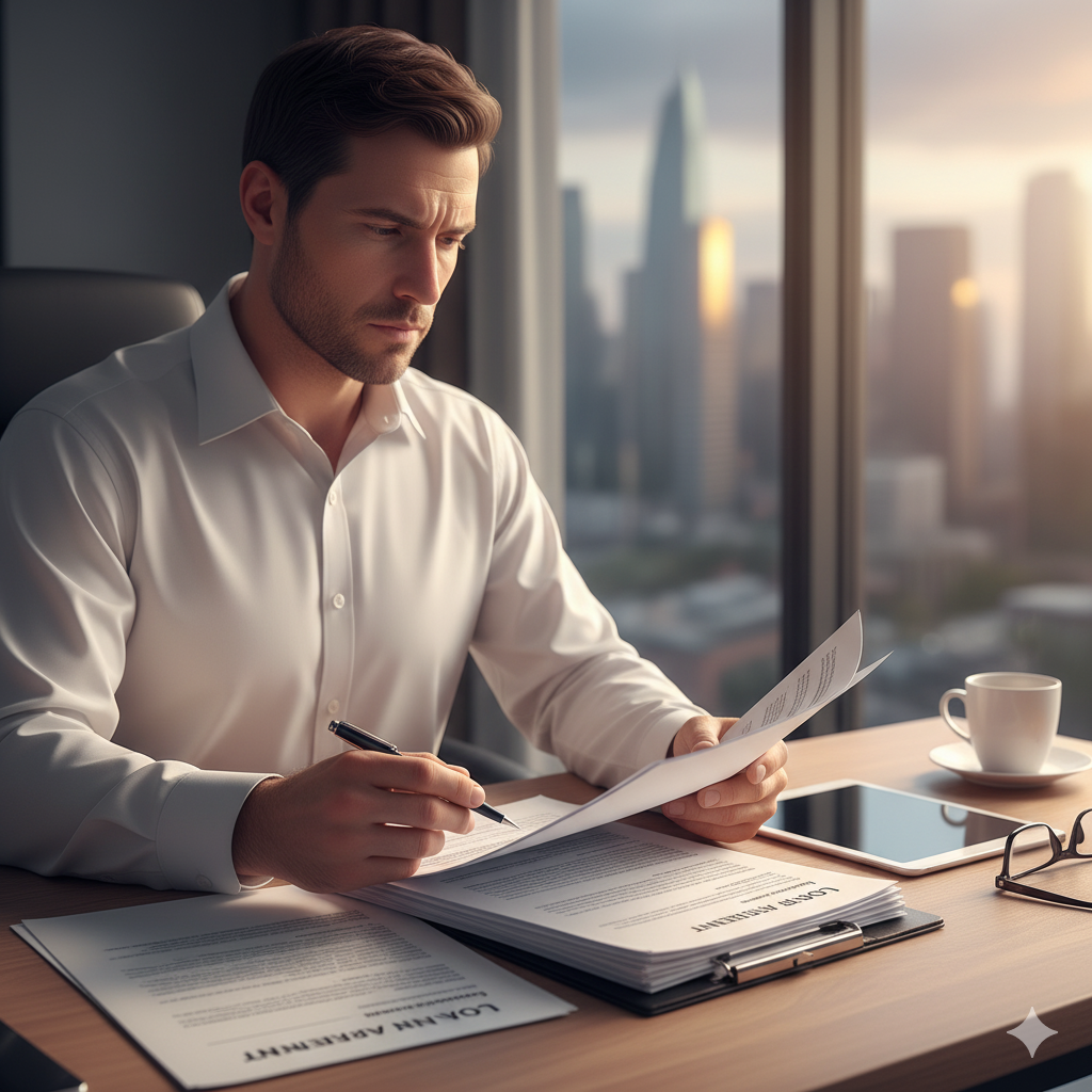 Person reviewing loan documents thoughtfully